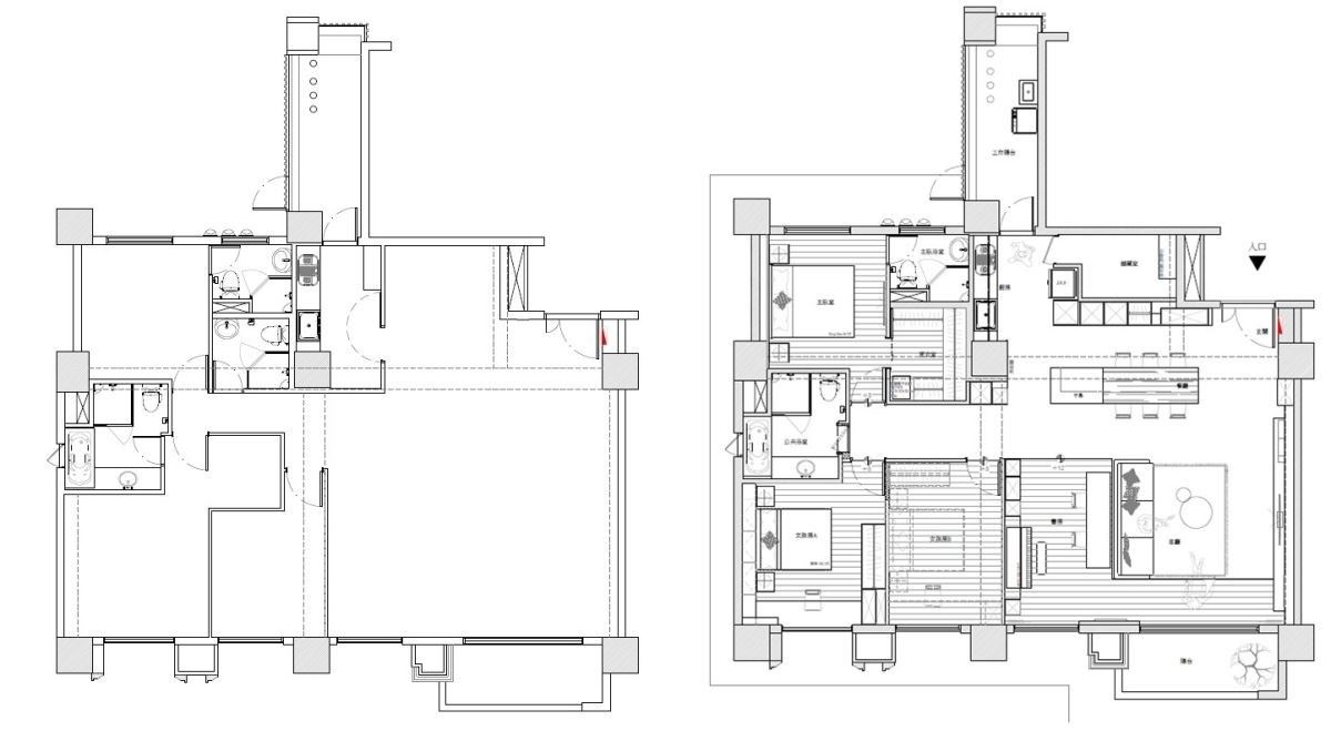 虛線部分為樑柱位置。 圖片提供 明代室內設計