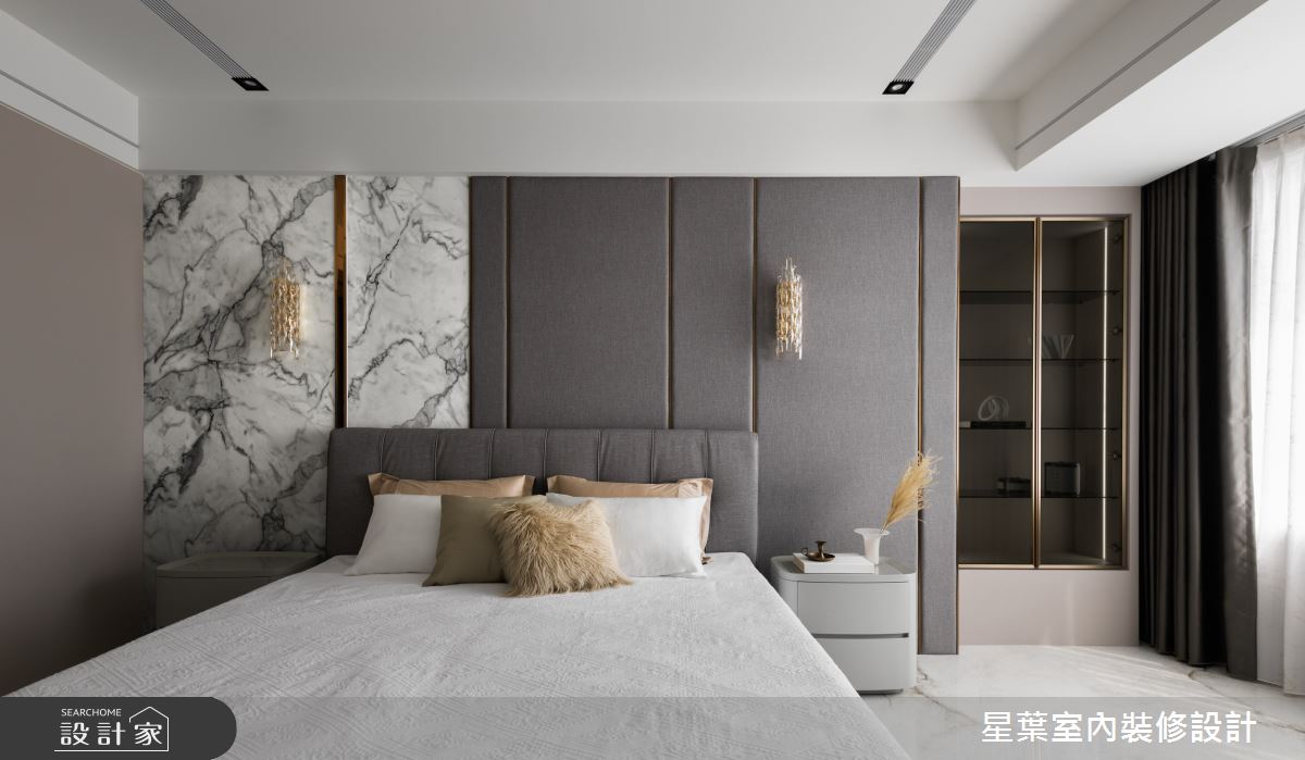 柔和的奶茶色基底結合石紋、鍍鈦,營造高貴的氣質,豐富主臥室的質感。