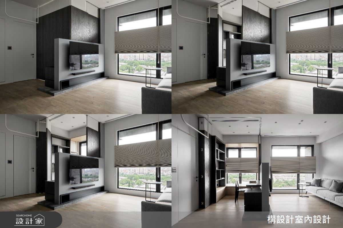 軌道式的木質雙開折疊滑門,可根據需求調整空間的開放、半開放、封閉。