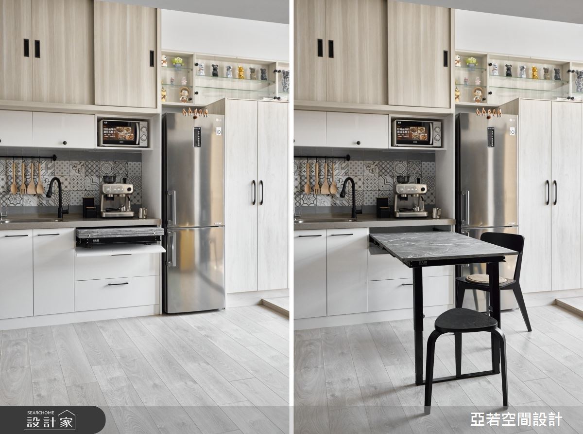 廚房設計還融入隱形餐桌,滿足日常社交宴客的需求,同時展現了輕裝修的高效與貼心。