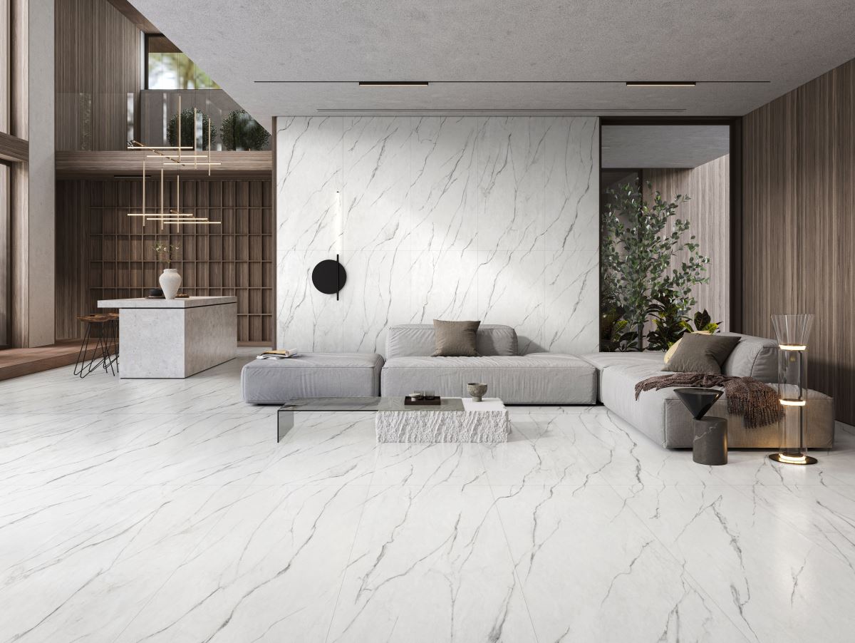 鋪陳金絲雕刻白紋理的磁磚,搭配不同紋理拼接方式,創造大氣典雅氛圍。(此為3D示意圖)