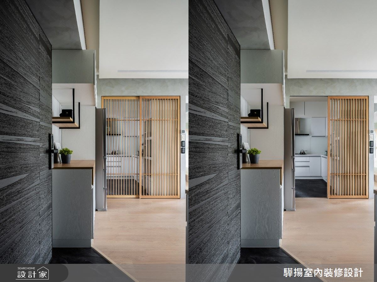 日式格柵拉門巧妙劃分餐廚區,保留通透感與視線流動,讓烹飪空間既獨立又融入整體設計。