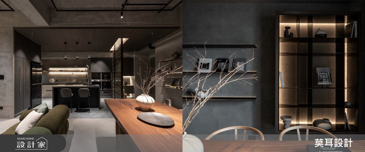 橄欖綠沙發與木紋長桌成為冷色系中的暖意,大量體同時能平衡空間色溫,讓人們停留的區塊成為亮點。