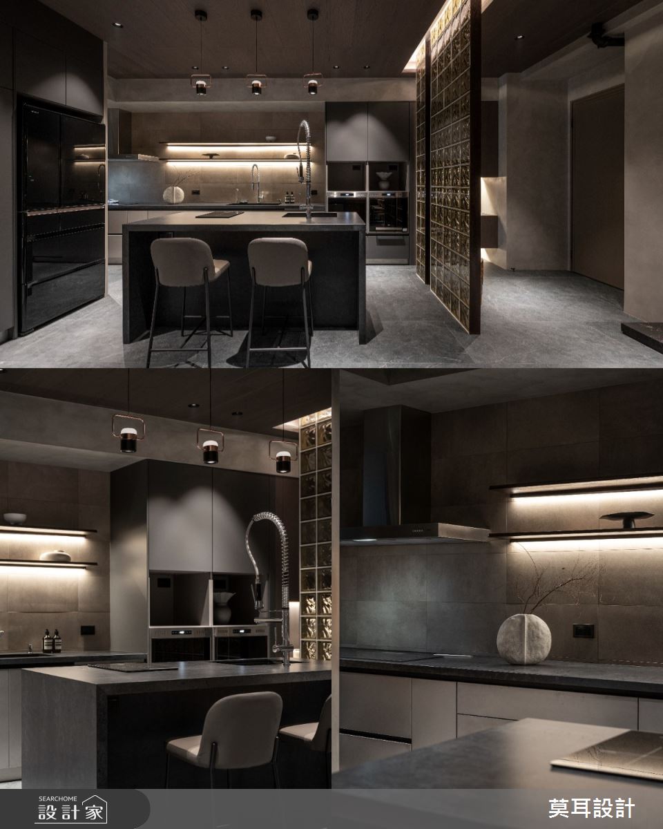 屋內的收納設計皆以簡約的線條呈現,包含開放層板、展示櫃或收納櫃,能滿足不同需求的收納機能。此外,餐廚區備有高身收納櫃,方便儲存招待好友的酒水與零食。