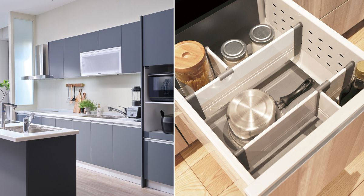 ECONEO 防蟑健康廚具的 Blum 分隔收納組 + 鎂鋁底板,讓中島廚房收納得便利有秩序。