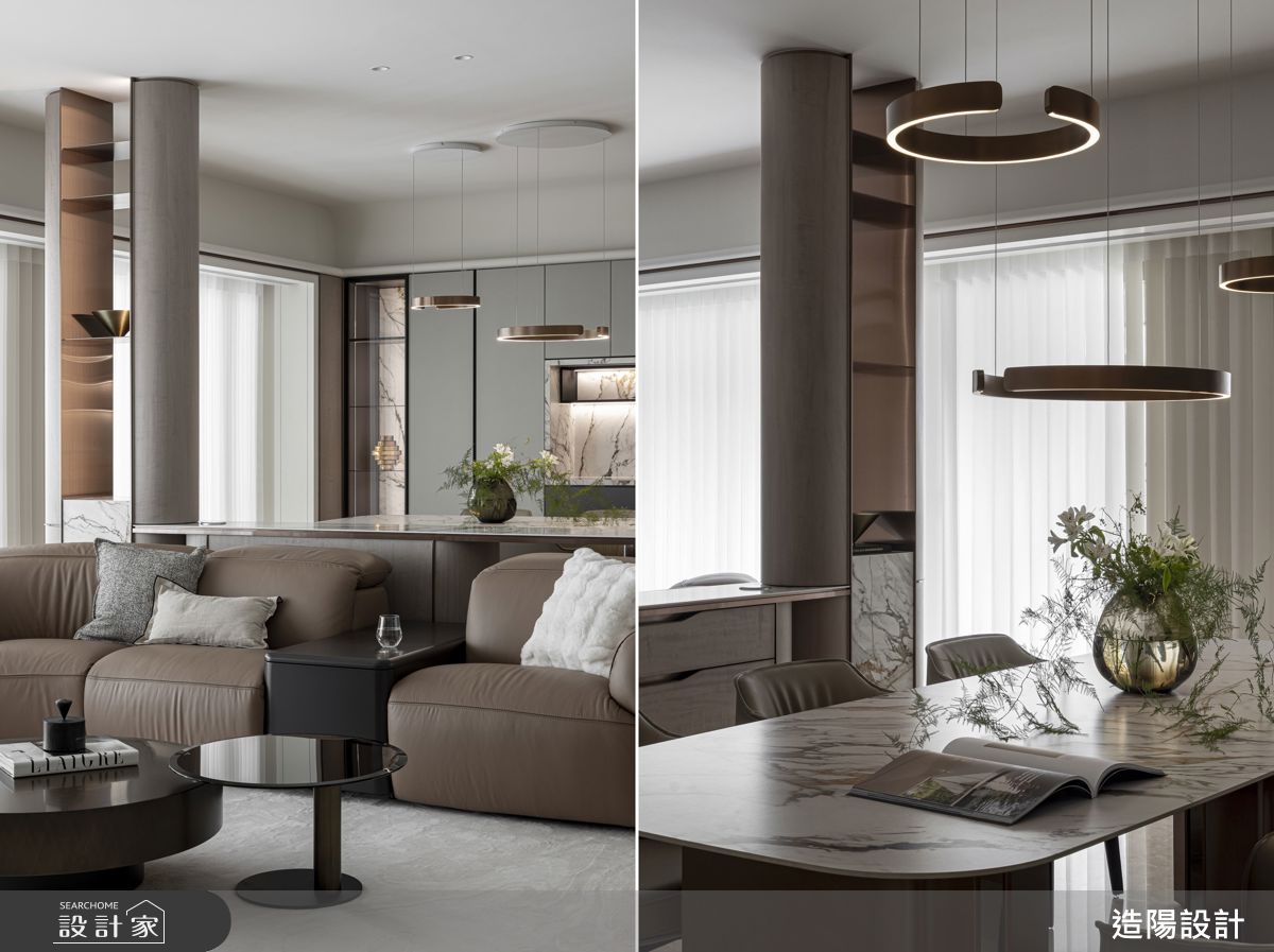 展示柱的產生,不僅提供界定過大的公領域空間,更能藉此獲得雙向電線配置的轉折點,提供插座面板在兩側,隱藏複合性升降插座在桌面,使得生活更便利。