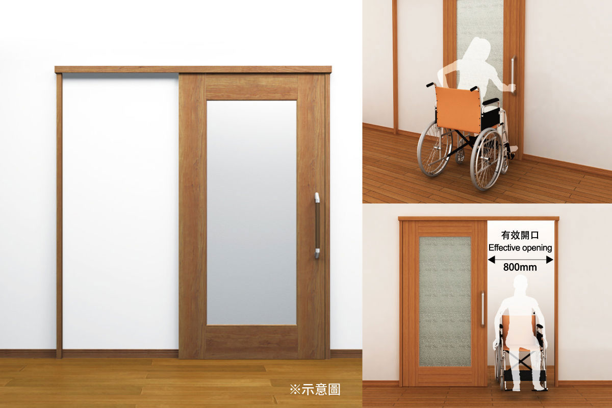 Panasonic連動拉門採用上軌道結構，無門檻設計通行無阻。懸吊式設計能輕鬆打開空間深度，不僅空間使用更有彈性，也滿足未來推床進出的照護需求。 