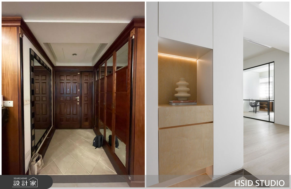玄關保留懷舊大門及地面，潔白的懸浮收納，為居者提供收納鞋子的空間，讓返家後能更順手的卸下隨身物品。