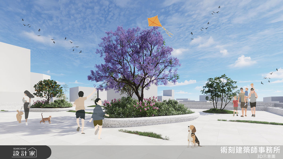 團隊在一樓與六樓戶外平台大量種植近百株台灣原生喬木，搭配常綠灌木，形成連續的立體綠帶。