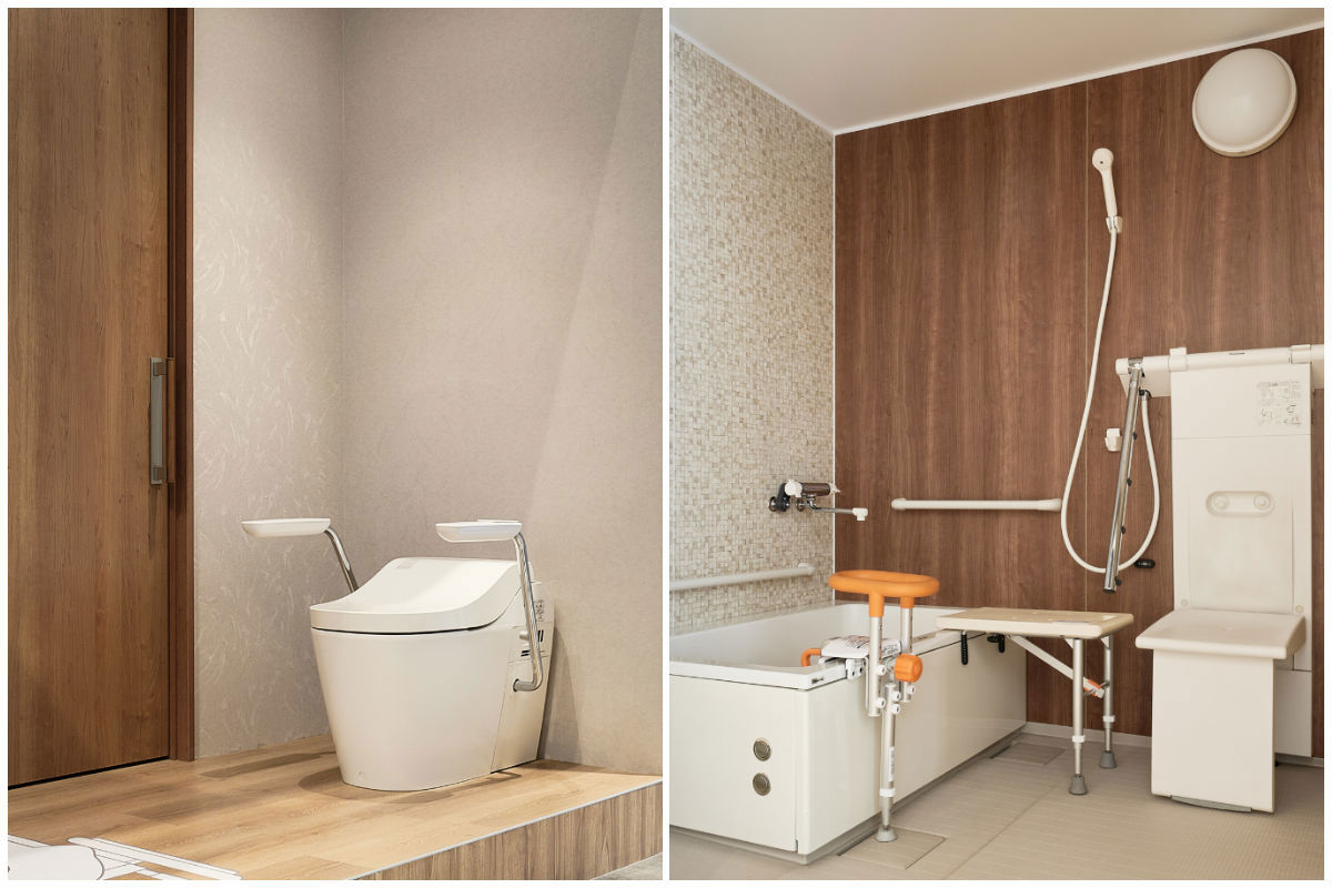 A La Uno L150全自動馬桶（右）具泡沫緩衝功能，搭配扶手輔助長者起身；健康浴座（左）則結合淋浴手臂與背部噴嘴，提供安全舒適的坐式類泡澡體驗。