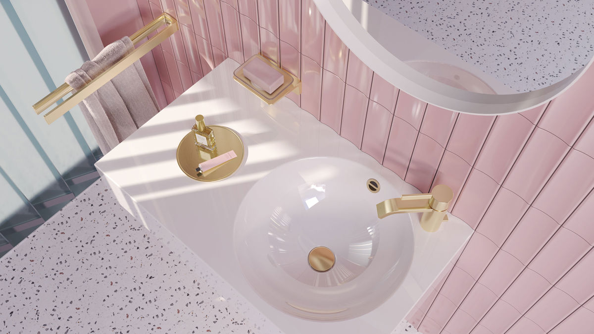 Dornbracht IMO刷紋淺金色(Brushed Light Gold)龍頭，細膩的手工刷紋映射柔和光澤，於粉紅色設計襯托中更顯溫潤層次，為空間注入優雅且具當代感的視覺焦點。