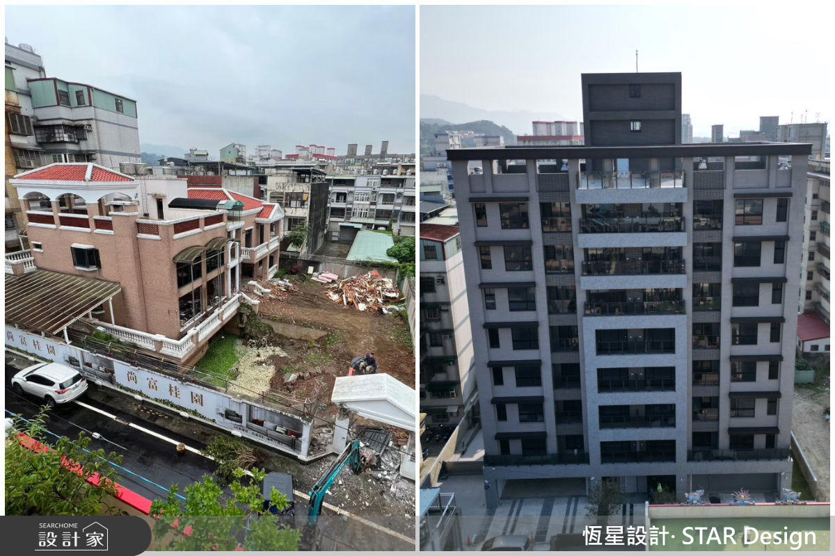(左)原始建地既有老宅需拆除；(右)華廈大樓完工樣貌