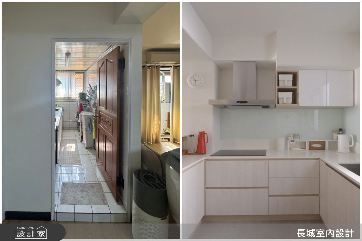 將原始狹小封閉的廚房(左)改為開放式廚房(右)，增加料理使用尺度與空間感。