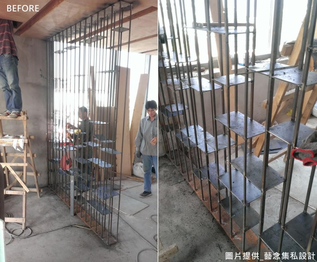 在屋宅中增設獨立的玄關空間,利用鐵件隔柵做輕隔間,現場焊接、打模、上防鏽劑與烤漆。 在屋宅中增設獨立的玄關空間,利用鐵件隔柵做輕隔間,現場焊接、打模、上防鏽劑與烤漆。