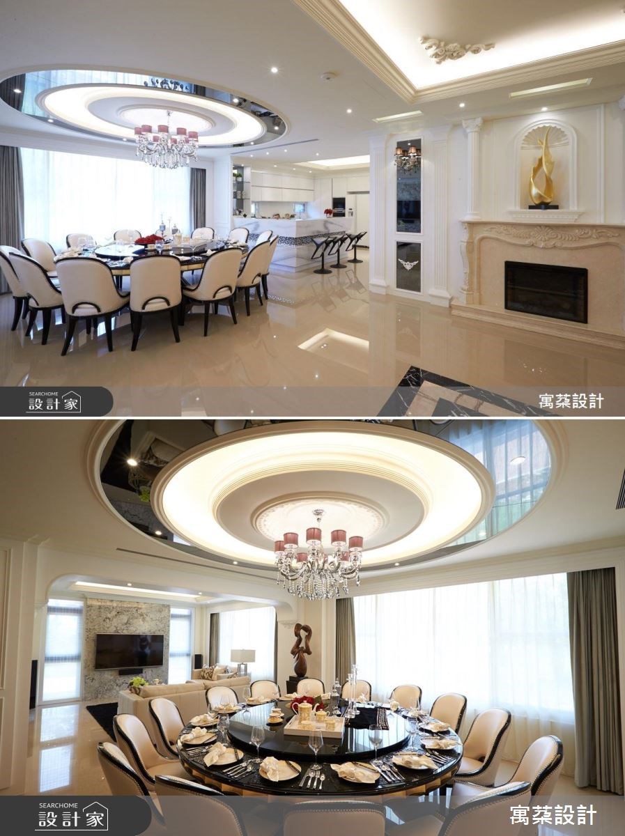 餐廳空間採用可容納多人電動大圓桌,以圓形天花做出用餐空間的界定,並與另一個客廳採半開放式格局,增加空間延伸感受。 餐廳空間採用可容納多人電動大圓桌,以圓形天花做出用餐空間的界定,並與另一個客廳採半開放式格局,增加空間延伸感受。