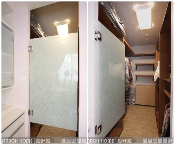 考量更衣室的光線與格局問題,設計師運用霧面玻璃,做成上下均空的遮擋效果,讓更衣室能較為明亮,同時也不易形成壓迫感。 考量更衣室的光線與格局問題,設計師運用霧面玻璃,做成上下均空的遮擋效果,讓更衣室能較為明亮,同時也不易形成壓迫感。