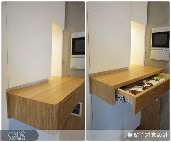 設計者在玄關處規劃了淺抽屜的設計,讓鑰匙、信件等小東西都有可以擺放的空間,相當貼心! 設計者在玄關處規劃了淺抽屜的設計,讓鑰匙、信件等小東西都有可以擺放的空間,相當貼心!