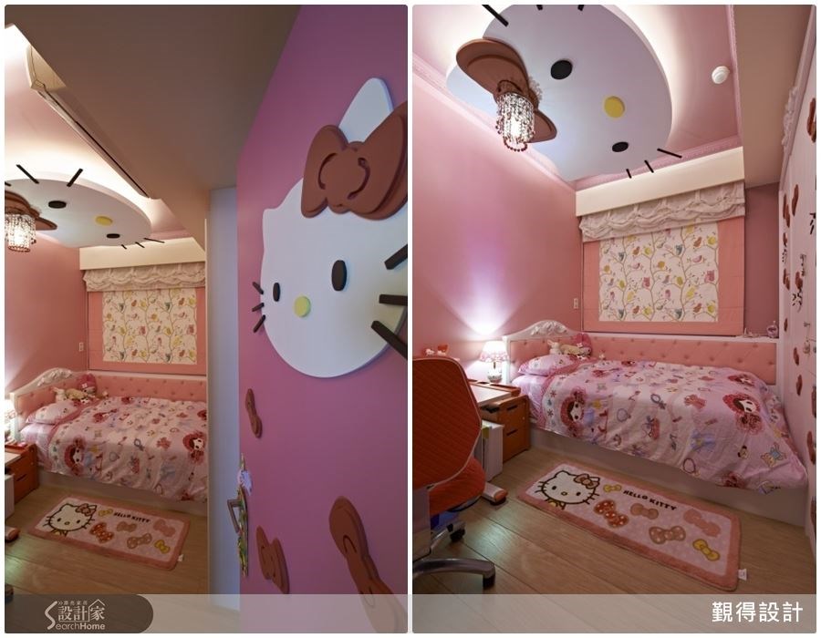 從門面就以 Hello Kitty 勾勒出童話的情境,女孩房裡以粉紅色調、蕾絲所烘托出甜蜜的氣息,白色櫃體配上紅色蝴蝶結,天花板上還有可愛的 Hello Kitty 木作造型天花,就像是來到 Hello Kitty 旗艦主題樂園,讓人心花朵朵開呢。 從門面就以 Hello Kitty 勾勒出童話的情境,女孩房裡以粉紅色調、蕾絲所烘托出甜蜜的氣息,白色櫃體配上紅色蝴蝶結,天花板上還有可愛的 Hello Kitty 木作造型天花,就像是來到 Hello Kitty 旗艦主題樂園,讓人心花朵朵開呢。