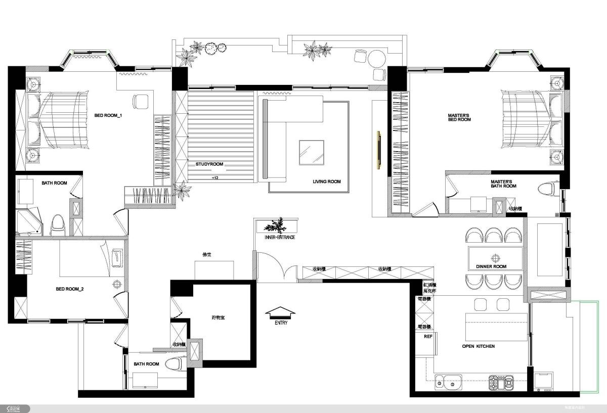 設計師善用雙併住宅的對稱優勢,打造實用又寬敞的雙主臥格局,而陽台連通後也讓採光面更擴大,整體空間感更顯明亮舒適。平面圖片提供_陶璽空間設計 設計師善用雙併住宅的對稱優勢,打造實用又寬敞的雙主臥格局,而陽台連通後也讓採光面更擴大,整體空間感更顯明亮舒適。平面圖片提供_陶璽空間設計