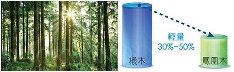 鳳凰木生長週期約 12 年,相較於需時 80 年生長週期的椴木,是對森林環境保護更佳的選擇;且鳳凰木比椴木約輕 30% ~ 50%,操作上更加省力及順暢,機構的壽命也更加延長。 鳳凰木生長週期約 12 年,相較於需時 80 年生長週期的椴木,是對森林環境保護更佳的選擇;且鳳凰木比椴木約輕 30% ~ 50%,操作上更加省力及順暢,機構的壽命也更加延長。