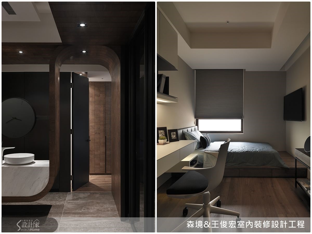 次臥室安排在廊道的另一頭,以造型天花與加高地坪劃分休憩與閱讀區,建構動靜分明的私領域空間。 次臥室安排在廊道的另一頭,以造型天花與加高地坪劃分休憩與閱讀區,建構動靜分明的私領域空間。