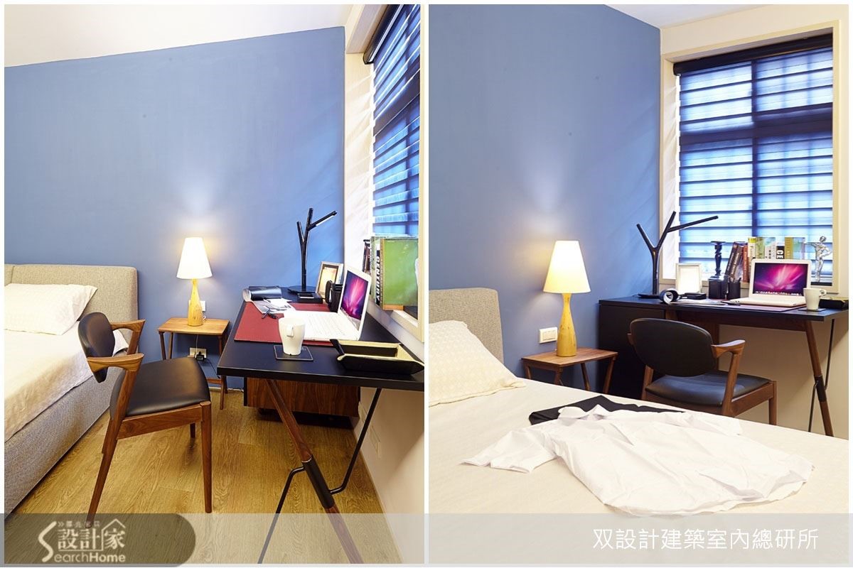 以靛藍色作為主臥室壁面的顏色,選擇成熟款式的書桌,搭配個性化的家具,雖然格局不大,仍能充分展現出空間的活潑,同時也是能讓屋主感到放鬆的充電空間。 以靛藍色作為主臥室壁面的顏色,選擇成熟款式的書桌,搭配個性化的家具,雖然格局不大,仍能充分展現出空間的活潑,同時也是能讓屋主感到放鬆的充電空間。