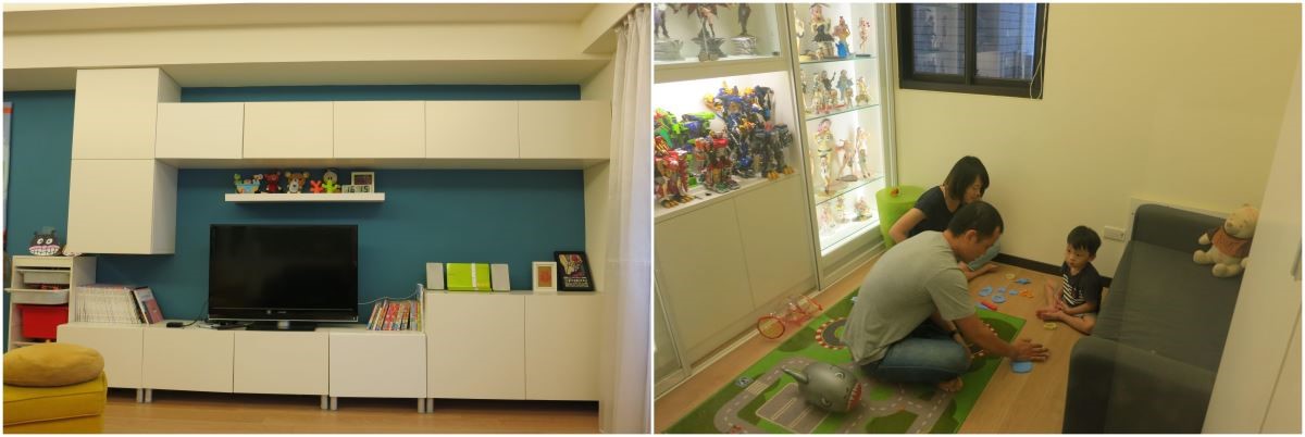 Before (左圖)一家四口原有的客廳電視櫃都採隱藏式門板,無法展示收藏品,存放的零食糖果也不便拿取。(右圖)原先的遊戲間空間較小,並獨立於客廳之外,讓大人不方便同時照顧二個孩子 Before (左圖)一家四口原有的客廳電視櫃都採隱藏式門板,無法展示收藏品,存放的零食糖果也不便拿取。(右圖)原先的遊戲間空間較小,並獨立於客廳之外,讓大人不方便同時照顧二個孩子