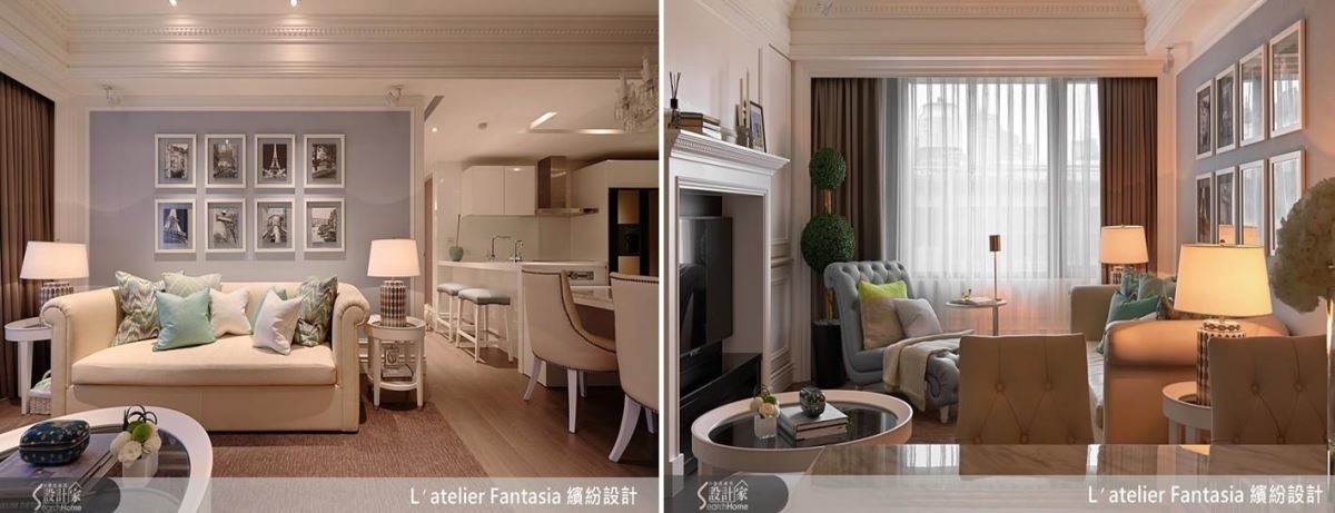 沙發牆結合陣列式攝影作品,將立面軸線瞬間拉出,描繪出小空間難得的大器場景,並統籌這是軟件硬裝等色調,連結出無限的空間感。 沙發牆結合陣列式攝影作品,將立面軸線瞬間拉出,描繪出小空間難得的大器場景,並統籌這是軟件硬裝等色調,連結出無限的空間感。