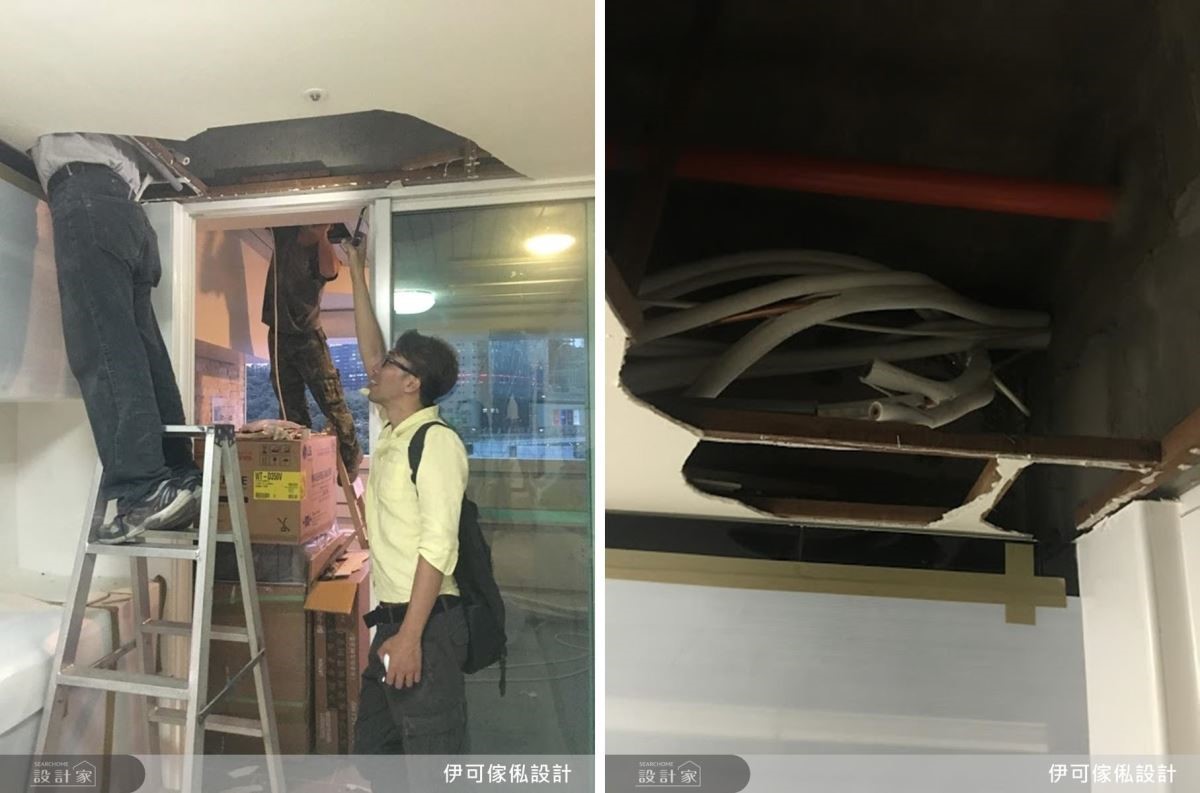 在管線施作過程中,詹設計師細心監工,將天花板管線重新整理,必須嚴密包材把線材完整覆蓋,避免漏電或是冷媒外洩。本階段以電量依照屋主需求,配置大電 220 V 。(右圖)電線與冷媒管。 在管線施作過程中,詹設計師細心監工,將天花板管線重新整理,必須嚴密包材把線材完整覆蓋,避免漏電或是冷媒外洩。本階段以電量依照屋主需求,配置大電 220 V 。(右圖)電線與冷媒管。