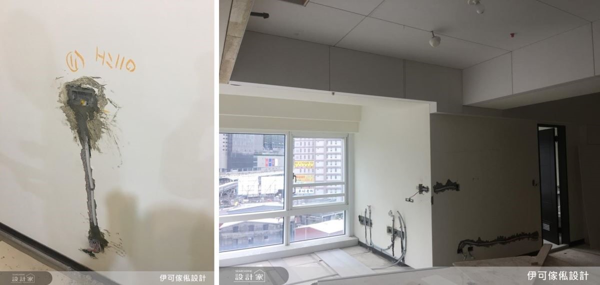 房間內的落電配置同樣依照屋主對於電量的需求,在牆壁打出管線位置,就定位後埋管。/此圖為埋管落電完成。 房間內的落電配置同樣依照屋主對於電量的需求,在牆壁打出管線位置,就定位後埋管。/此圖為埋管落電完成。