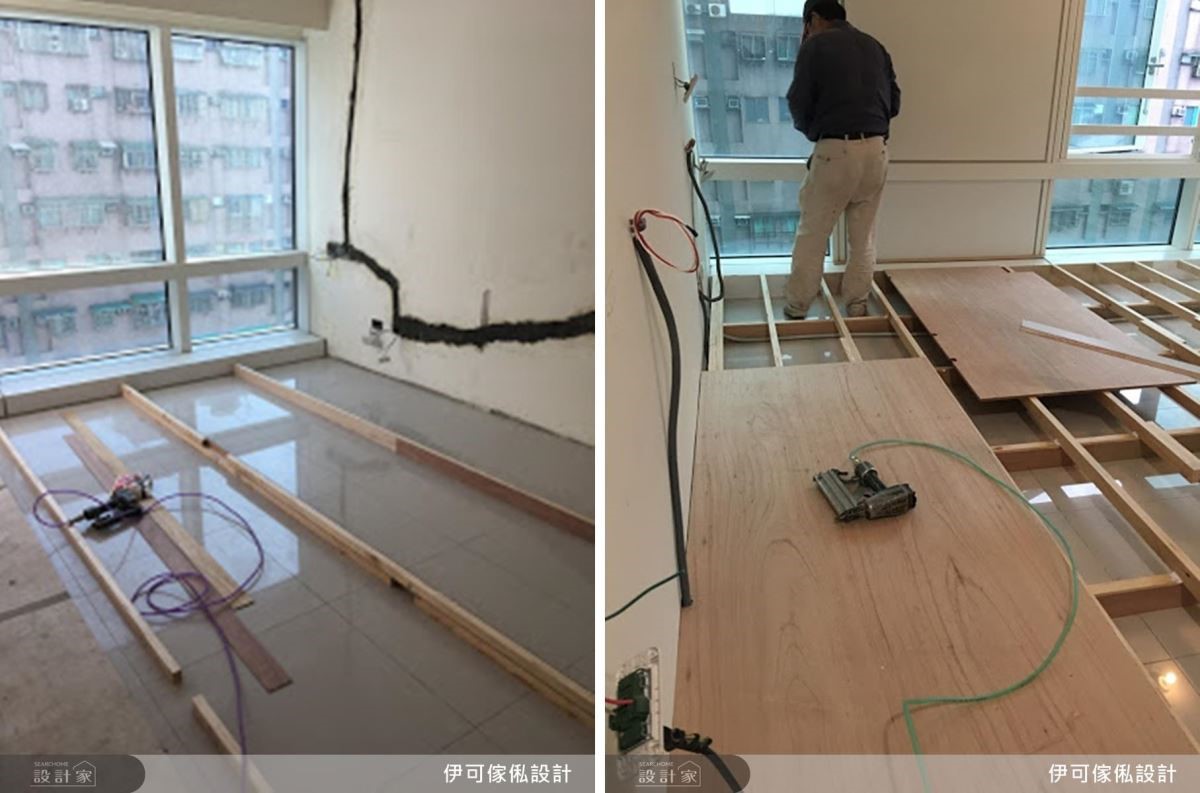 本案在美觀設計上,運用較多木工工法,包含電視牆、天