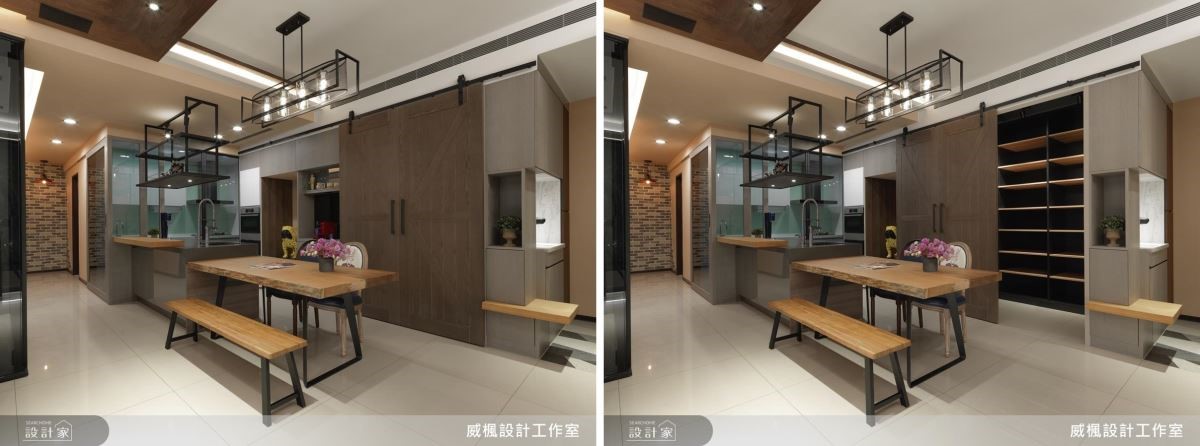 餐廚區於近玄關處以煙燻胡桃木滑門隱藏儲放空間,並結合中島與實木長桌,使邊緣精準對齊空間軸線,營造俐落大器感。 餐廚區於近玄關處以煙燻胡桃木滑門隱藏儲放空間,並結合中島與實木長桌,使邊緣精準對齊空間軸線,營造俐落大器感。