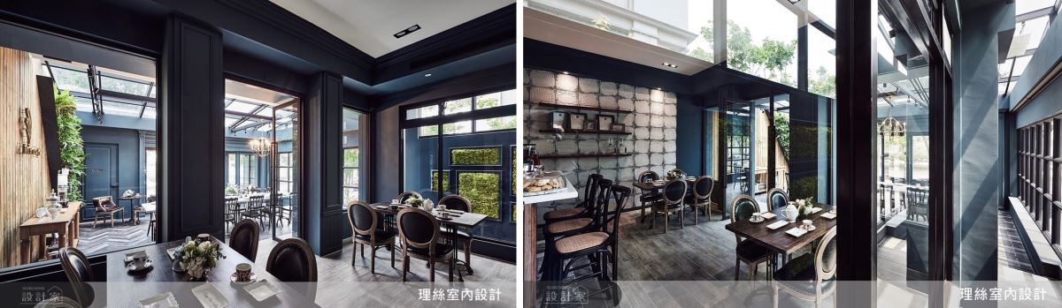 運用窗牆立面及材質層次的堆疊,創造出屋中屋的明亮新奇,更巧妙藉光線中和普魯士藍的沉重,使客人往返點餐都能感受到面面俱到的歐式情懷。 運用窗牆立面及材質層次的堆疊,創造出屋中屋的明亮新奇,更巧妙藉光線中和普魯士藍的沉重,使客人往返點餐都能感受到面面俱到的歐式情懷。