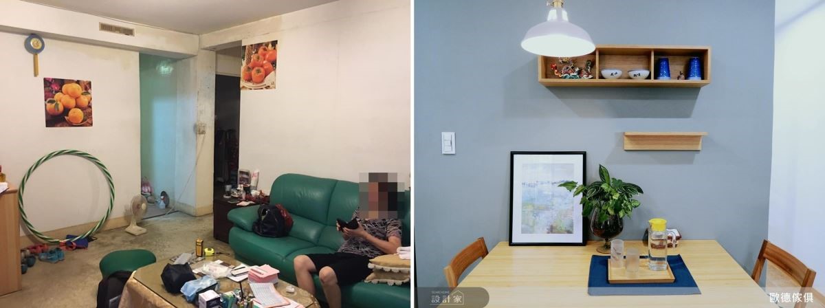 (左)施工前的牆壁 / (右)完工後的餐桌以灰色壁面飾底,結合層板展示。 (左)施工前的牆壁 / (右)完工後的餐桌以灰色壁面飾底,結合層板展示。