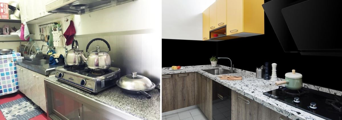(Before + After)裝修前廚房凌亂、收納不足。打造後,空間適度留白,收納讓空間更整潔、有秩序。 (Before + After)裝修前廚房凌亂、收納不足。打造後,空間適度留白,收納讓空間更整潔、有秩序。