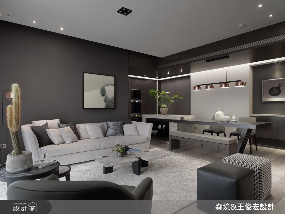 40 坪現代風住宅,透過沉穩深色木紋與質樸石材鋪敘內