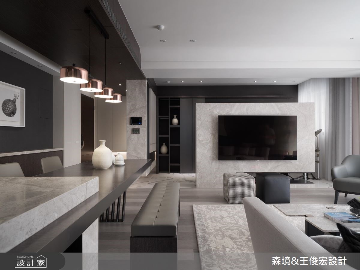 40 坪現代風住宅,透過沉穩深色木紋與質樸石材鋪敘內