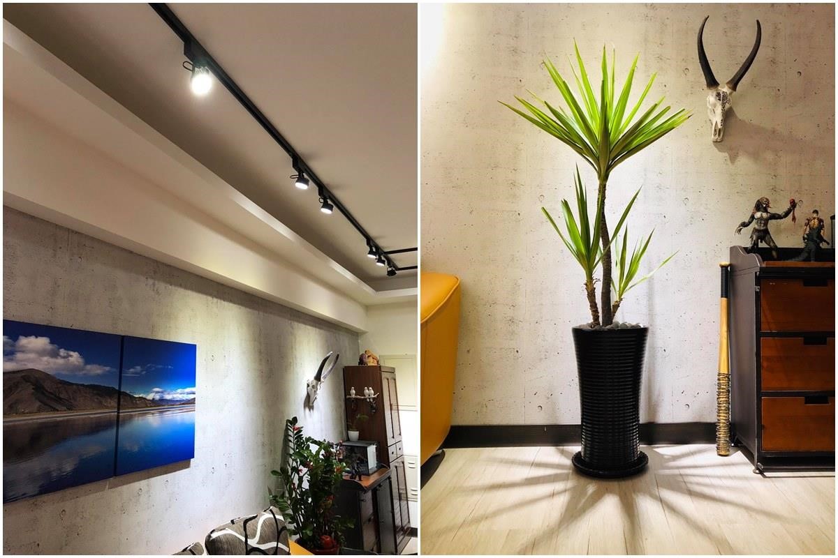 仿清水模的沙發背牆,也是他利用壁布自己 DIY 的,簡單創造出質樸的空間感。 仿清水模的沙發背牆,也是他利用壁布自己 DIY 的,簡單創造出質樸的空間感。