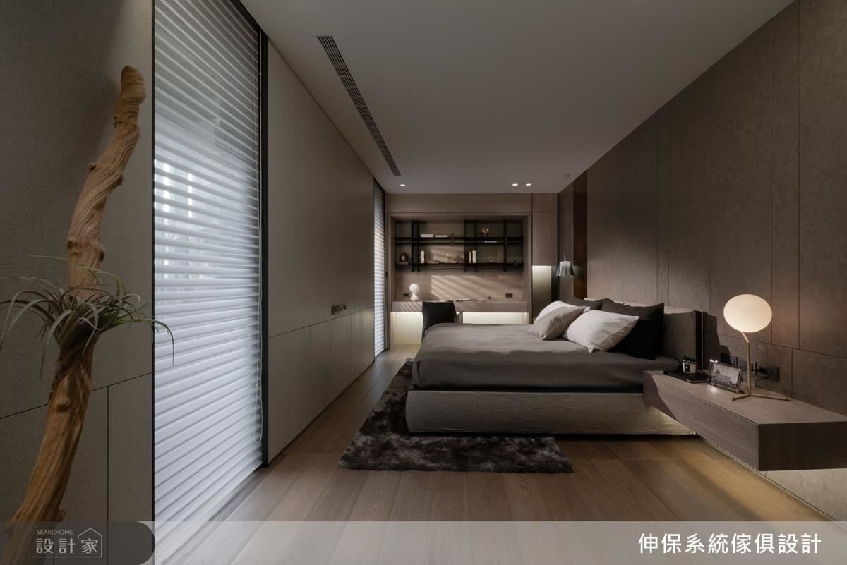 臥室電視牆面皮革系列板材,搭配床頭牆花紋皮革板材,兩種紋路堆疊營造出低調奢華質感。 臥室電視牆面皮革系列板材,搭配床頭牆花紋皮革板材,兩種紋路堆疊營造出低調奢華質感。