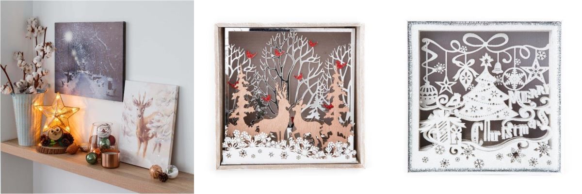 (左)雪景裝飾畫51x41cm,售價1,490元 / 雪鹿裝飾畫31x41cm,售價1,290元 (中)森林小鹿雕刻擺飾6吋,售價999元 (右)聖誕快樂雕刻擺飾8吋,售價1,290元 (左)雪景裝飾畫51x41cm,售價1,490元 / 雪鹿裝飾畫31x41cm,售價1,290元 (中)森林小鹿雕刻擺飾6吋,售價999元 (右)聖誕快樂雕刻擺飾8吋,售價1,290元
