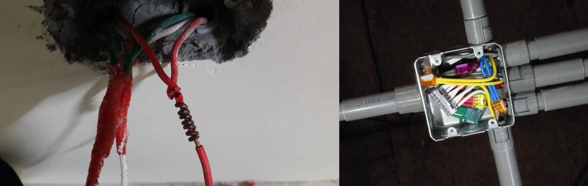 傳統的電工膠布纏接(左),使用插式連接器(右)。 傳統的電工膠布纏接(左),使用插式連接器(右)。