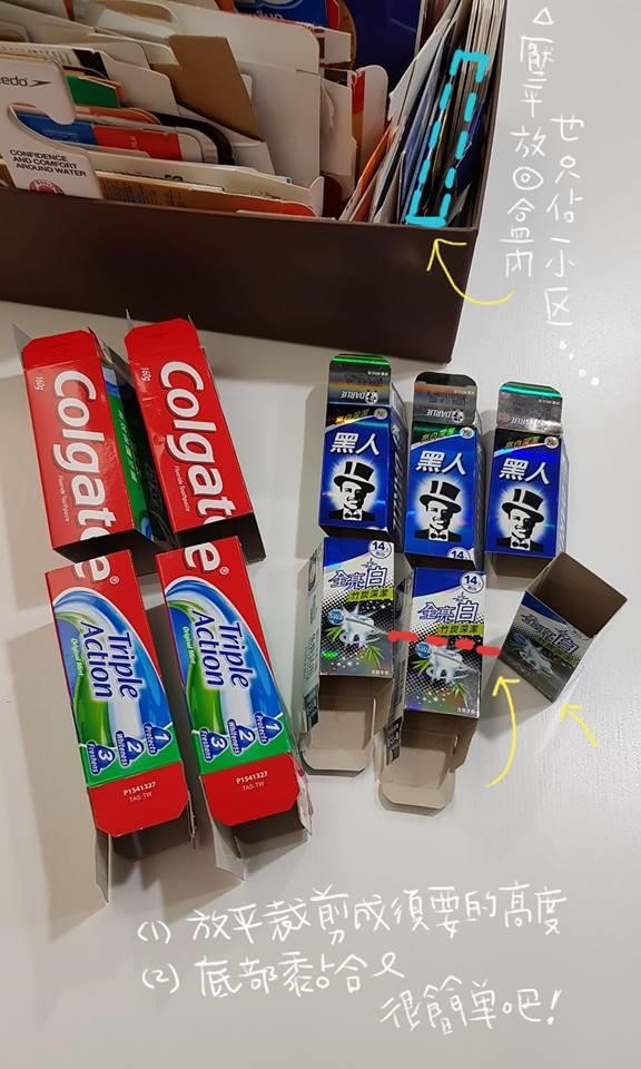 網友李國蘭在網路上分享她用牙線盒、牙膏盒收納的做法