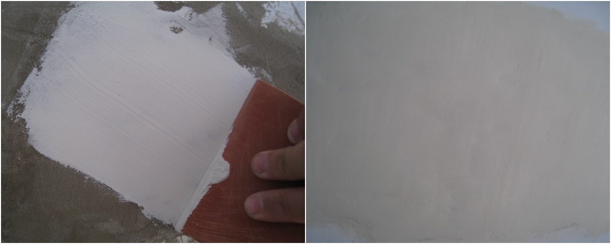 使用橡皮刮刀抹上批土,乾燥後再上一層(左);批土完成後,乾燥三天以上再用 #800 號砂紙將表面磨平,最後再上水性平光塗料即大功告成(右)。 使用橡皮刮刀抹上批土,乾燥後再上一層(左);批土完成後,乾燥三天以上再用 #800 號砂紙將表面磨平,最後再上水性平光塗料即大功告成(右)。