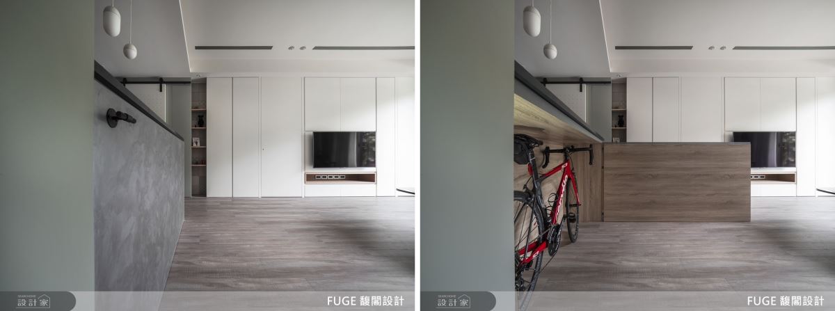 吧檯設計預先考量男屋主腳踏車尺度,完整訂製生活收納需求。 吧檯設計預先考量男屋主腳踏車尺度,完整訂製生活收納需求。