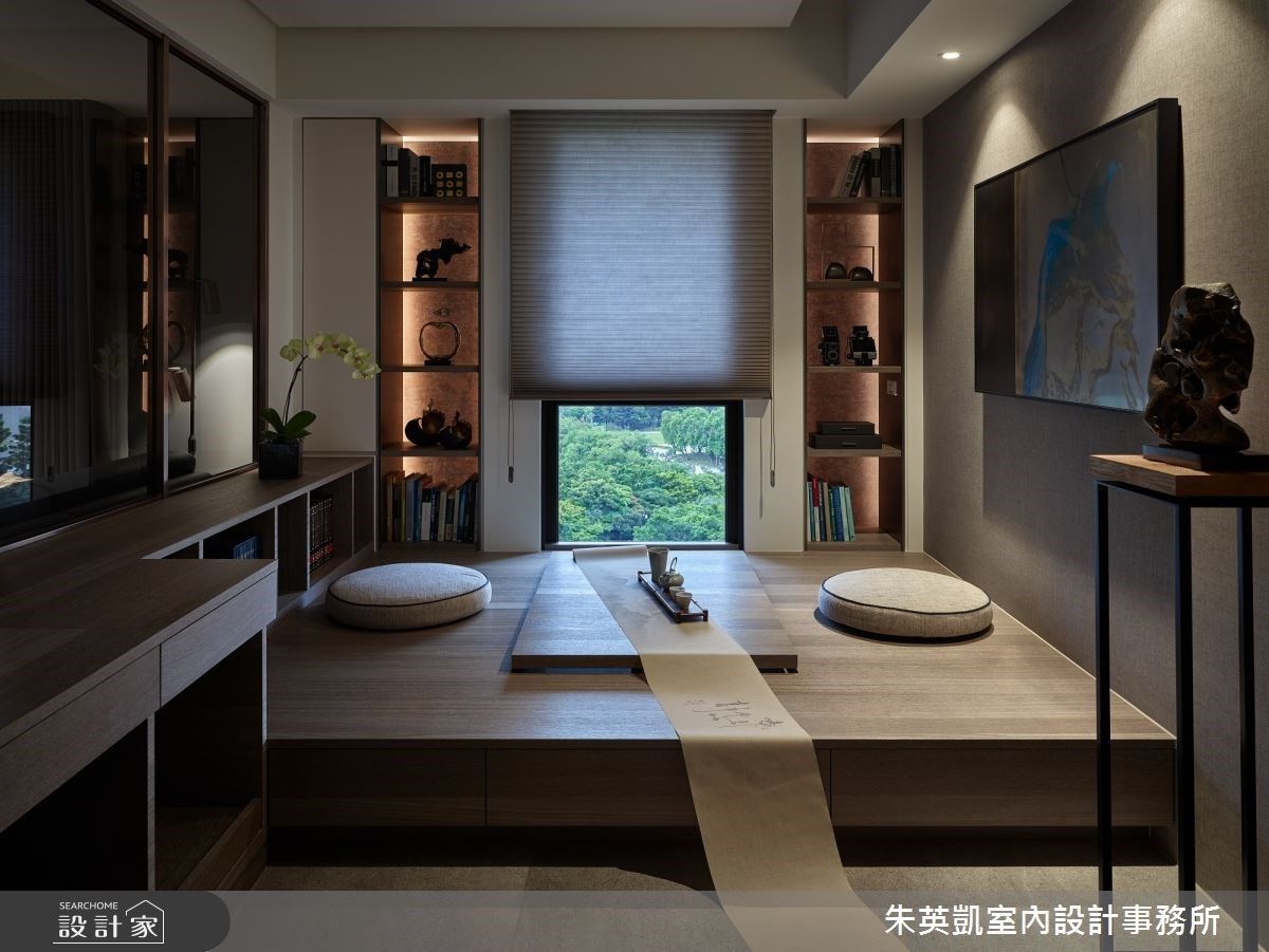 60 坪的現代風居家帶入中式元素,運用中國園林建築常