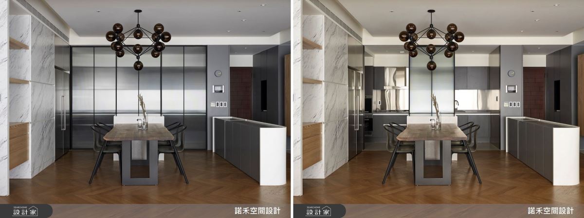 餐廳廚房間以玻璃拉門與屏風設計,巧妙阻隔料理油煙,更締造最佳空間端景。 餐廳廚房間以玻璃拉門與屏風設計,巧妙阻隔料理油煙,更締造最佳空間端景。