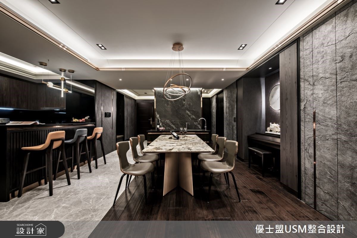 餐廚區混搭多種石材,藉由豐富的自然紋理呈現時髦而耐看的空間表情。 餐廚區混搭多種石材,藉由豐富的自然紋理呈現時髦而耐看的空間表情。
