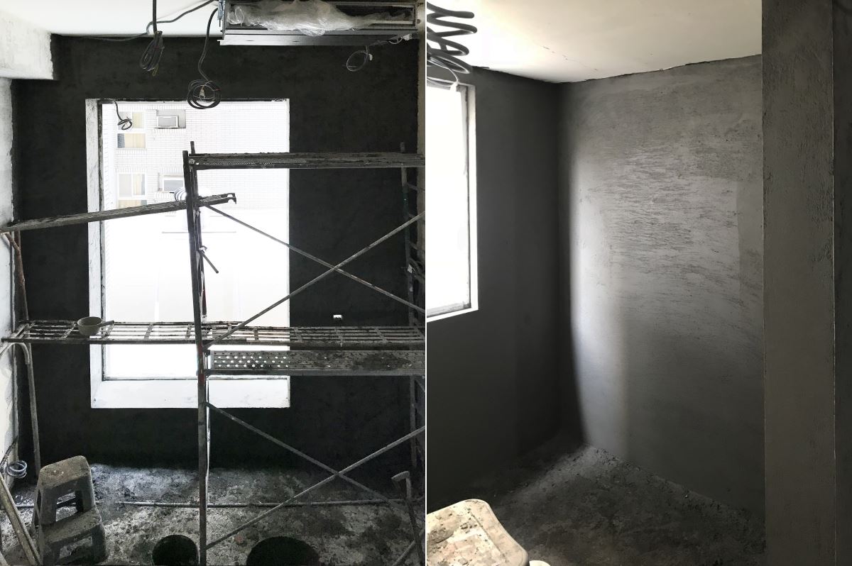 原始屋況漏水、壁癌十分嚴重,整治工程先將表面粉塵處理乾淨,並將原有牆面打除至結構層後,塗抹第一層壓克力防水塗料,第二層則為矽酸質防水劑,最後則由泥作打底粉光完成。 原始屋況漏水、壁癌十分嚴重,整治工程先將表面粉塵處理乾淨,並將原有牆面打除至結構層後,塗抹第一層壓克力防水塗料,第二層則為矽酸質防水劑,最後則由泥作打底粉光完成。