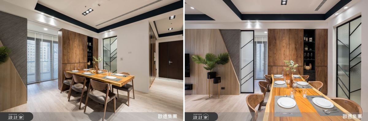 為劃分公私領域,以特殊材質拉門設計,巧妙將客餐廳通往男女孩房區隔出來,右側拉門則為廚房入口。 為劃分公私領域,以特殊材質拉門設計,巧妙將客餐廳通往男女孩房區隔出來,右側拉門則為廚房入口。