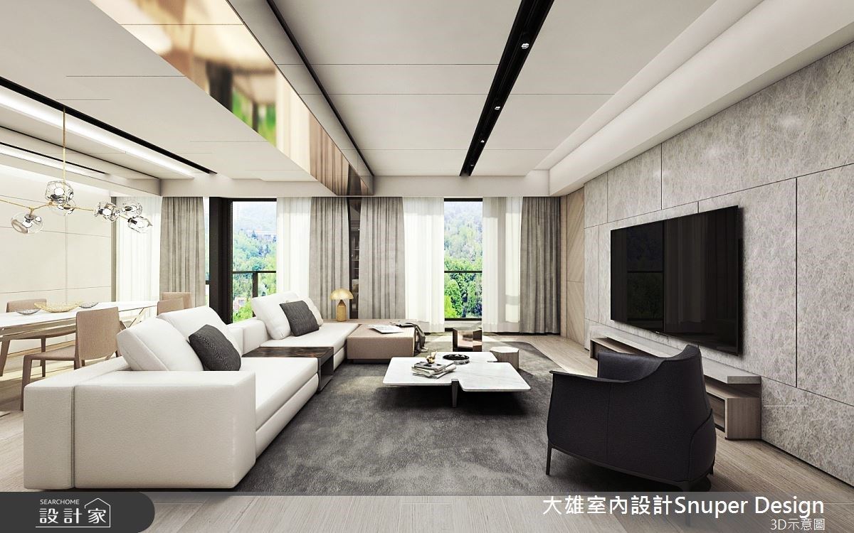 50坪現代風空間裡,伴隨大面窗引入綠意景緻,讓建築體